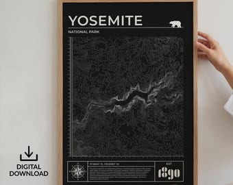 Digital Yosemite Topography Poster Contour, Line Map, Nature Print, Unique Hiking Decor, Gift for Him Her, Rock Climbing Hike Wall Hanging