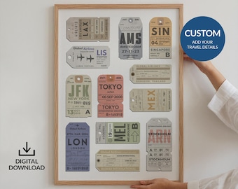 Póster de etiqueta de equipaje personalizada digital, impresión de etiqueta de arte de pared vintage, regalo de aniversario de cumpleaños, regalo para amantes de los viajes, ciudad de viajeros personalizada