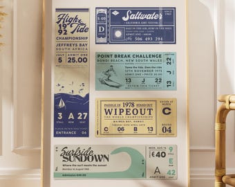 Surf Club Ticket Stub Poster: Coastal Beach Vintage Wall Art