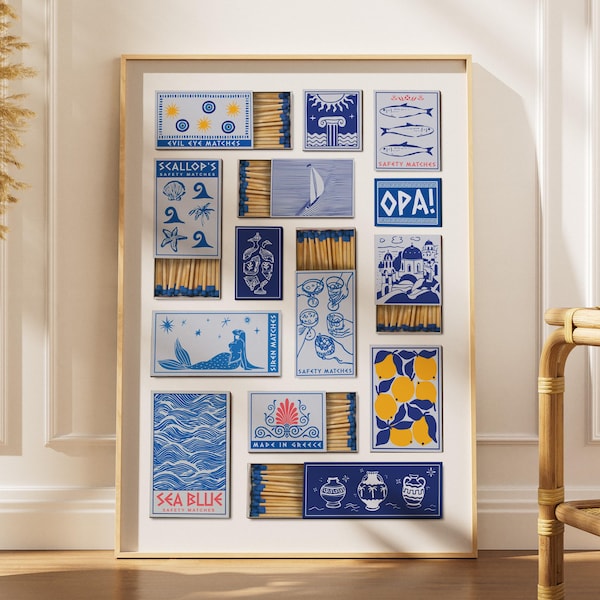 Vintage Greece Matchbox Poster, Coastal Summer Matchbook Art Print, Mediterranean Greek Wall Decor