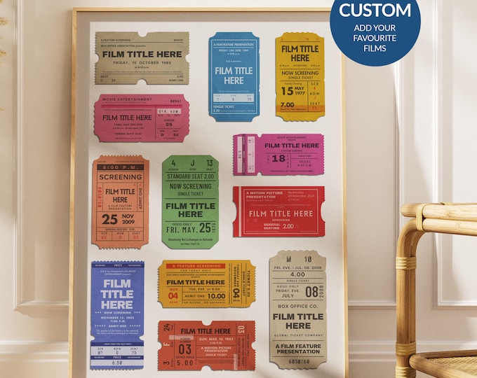 Custom Vintage Movie Ticket Stub Poster, Personalised Film Lover, Gift film fans, Date Night, Blockbuster Kids Decor, Birthday Anniversary
