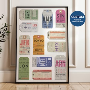 Poster personalizzato per etichette per bagagli, arte murale per aeroporti, stampa di etichette vintage, regalo di anniversario di compleanno, regalo per amanti dei viaggi, città dei viaggiatori personalizzata