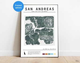 GTA V San Andreas Map Poster / Colourful Gaming Decor / Unique Gamer Wall Art / Minimal GTA Map Print / Boyfriend Video Game Gift A2/A3/A4