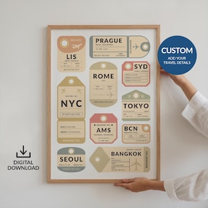 Poster digitale personalizzato per etichetta bagaglio, arte murale per aeroporto, stampa bagaglio, regalo di compleanno e anniversario, regalo per amanti dei viaggi, luna di miele personalizzata