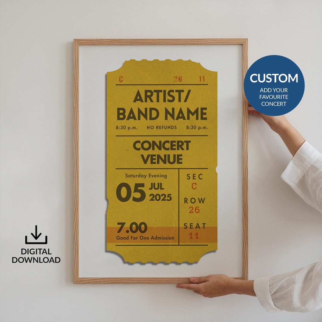 Digital Custom Concert Ticket Poster, Yellow Personalized Retro