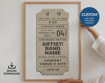 Digitale aangepaste concertkaartposter, neutrale gepersonaliseerde retro herinneringskunst, muziekliefhebber jaren 80, cadeau-idee verjaardagsverjaardag