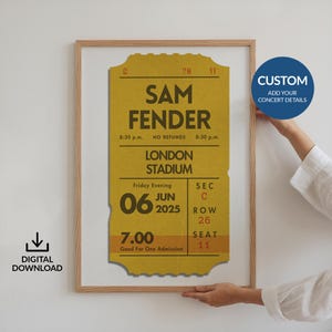 Individuelles Konzertkarten-Poster, Gelb personalisierte Retro-Memory-Kunst, 80er Jahre Musik-Gig-Liebhaber, Geburtstags-Jubiläums-Geschenkidee Stub-Druck