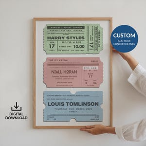 Digitales benutzerdefiniertes Konzertkartenposter, 3er-Set personalisierte Retro Memory Art, Musik 80er Jahre Rock Gig Liebhaber, Geburtstag Jubiläum Geschenkidee Druck