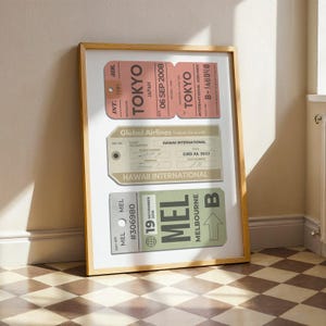 print showing a trio of vintage luggage tags with custom details and destinations on them.