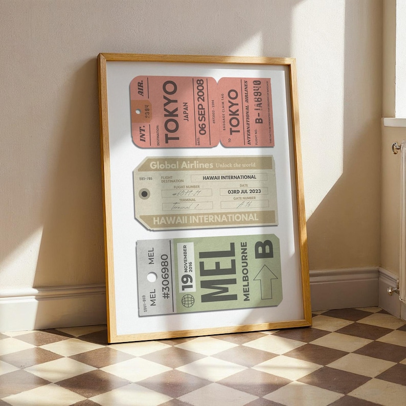 print showing a trio of vintage luggage tags with custom details and destinations on them.
