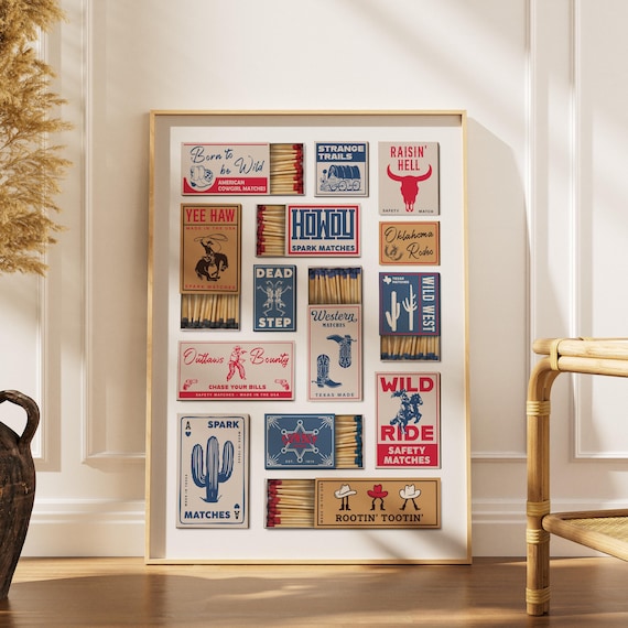 Cowboy Rodeo Matchbox Poster, Vintage Western Matchbook Print, Howdy Americana Wall Decor