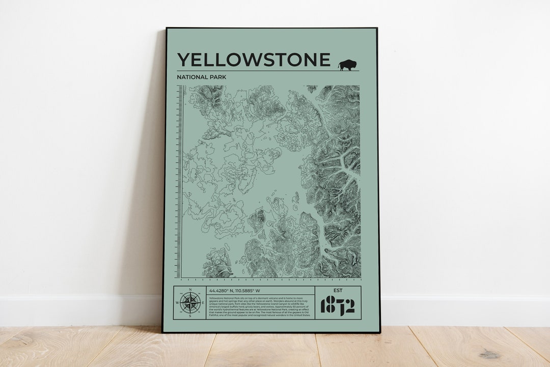 National Park Map Yellowstone Poster, Contour Topography Print ...
