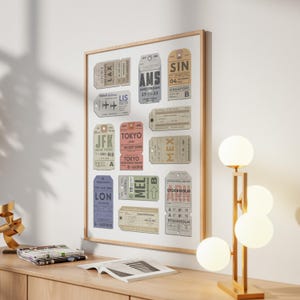framed print of personalised airport luggage tags, ideal gift for frequent flyers and holiday keepsake collectors