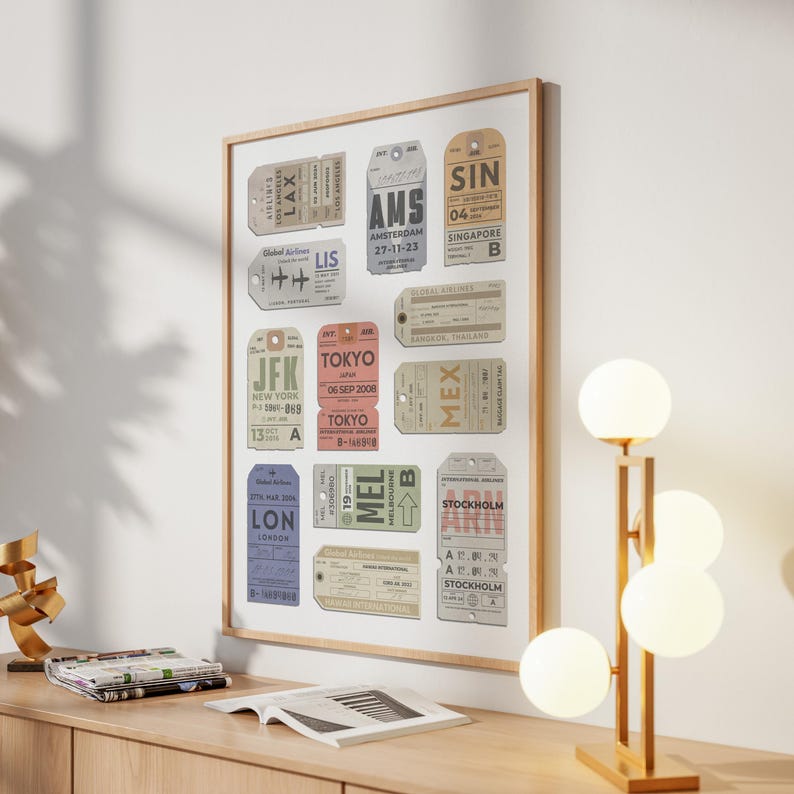 framed print of personalised airport luggage tags, ideal gift for frequent flyers and holiday keepsake collectors