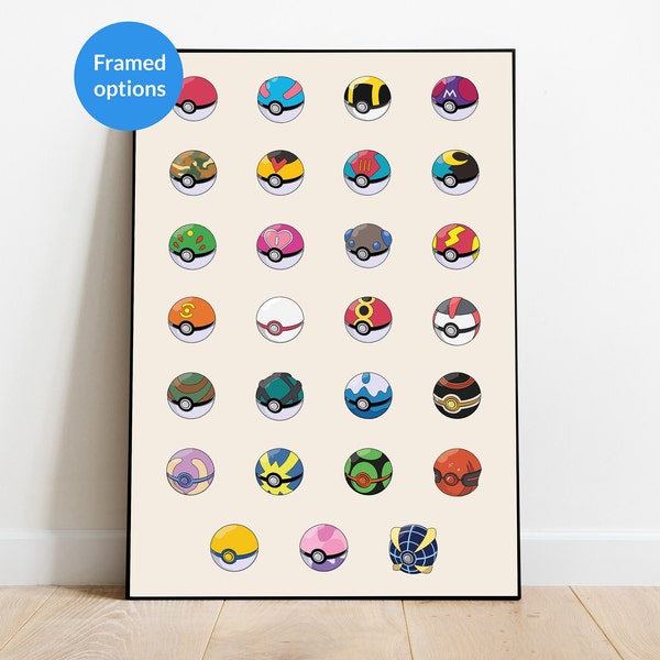 Pokemon Poster PokeBall Print, Kids Wall Art, Anime Poster, Personalised Framed, Unique colourful, Birthday Gift Idea, Present Digital