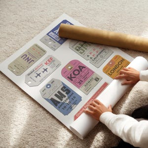 Printed travel keepsake with bespoke vintage luggage tags, framed and ready to display for trendy memory holiday décor.