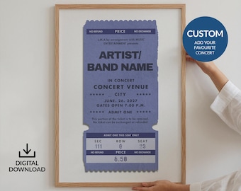 Digitale aangepaste concertkaartposter, blauwe gepersonaliseerde retro herinneringskunst, muziekliefhebber jaren 80, cadeau-idee verjaardagscadeautje print