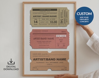 Digitale aangepaste concertkaartposter, set van 3 gepersonaliseerde retro geheugenkunst, muziekliefhebber rockconcert jaren 80, verjaardag verjaardag cadeau idee print