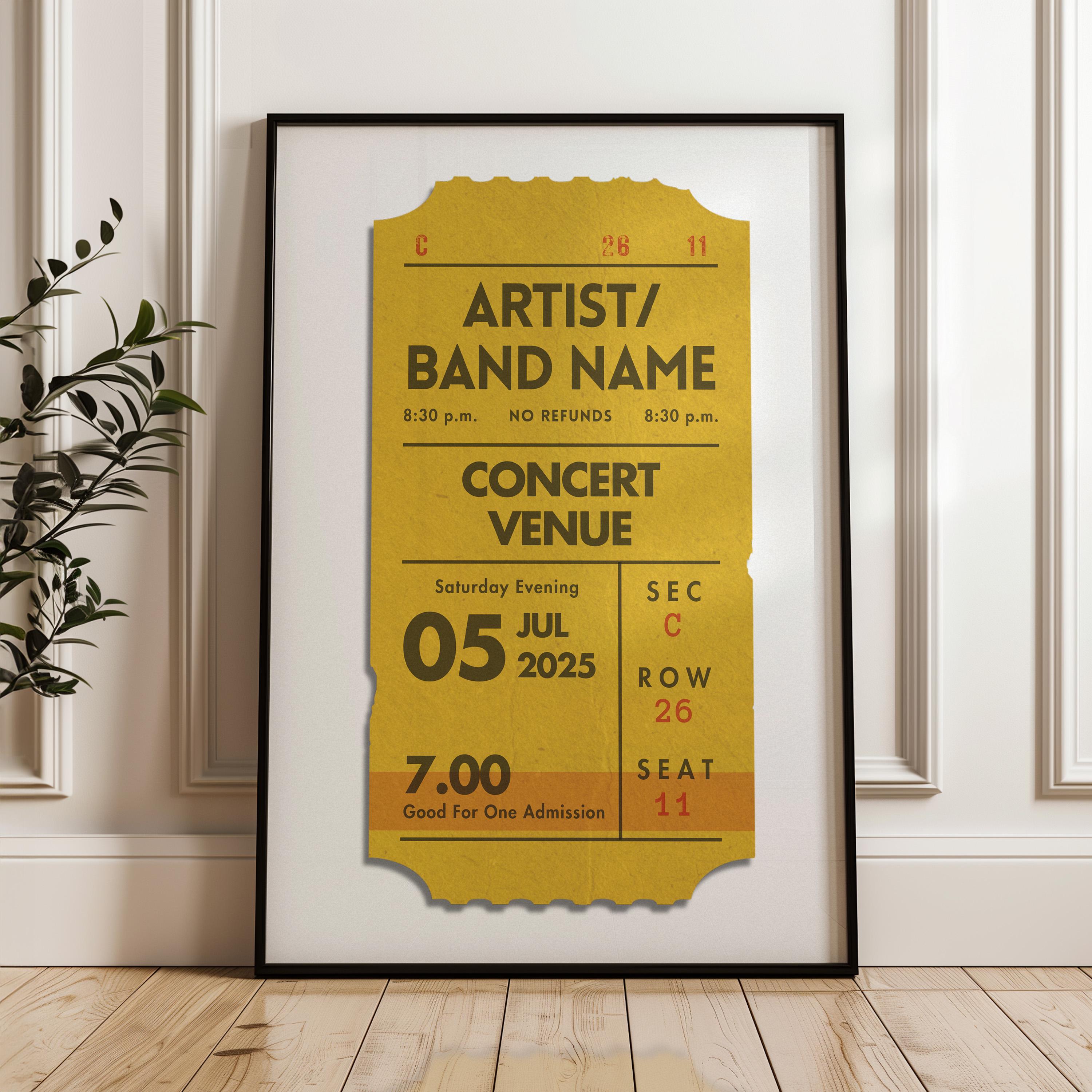 Digital Custom Concert Ticket Poster, Yellow Personalized Retro