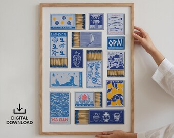 Vintage Greece Matchbox Poster, Coastal Summer Matchbook Art Print, Mediterranean Greek Wall Decor (Digital Download)