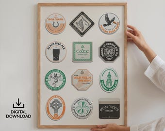 Ireland Beer Mat Poster, Vintage Travel Wall Art, Gift Idea for Alcohol Pub Lover, Irish Retro Coaster Bar Cart Art, Gift For Men Him Dad