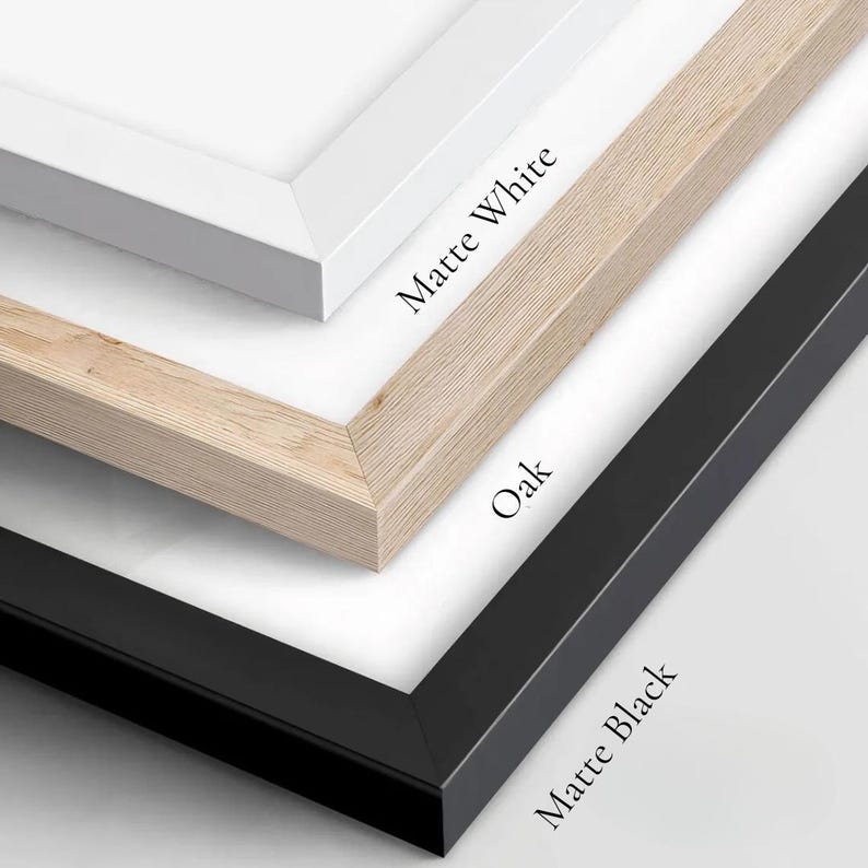 The framing is Oak, White and Black in sizes A4, A3, A2 and 9x12, 12x16 and 18x24