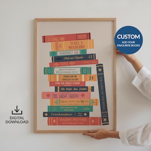 Póster digital de pila de libros, impresión personalizada de lomo, regalo para amantes de la literatura, regalo de cumpleaños de aniversario, estantería Nook, Bookish Booktok