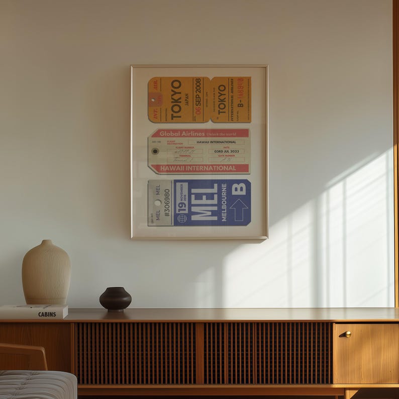 Travel-themed framed print with custom unique airport tags for your trips, physical wall art for memory-filled holiday décor.
