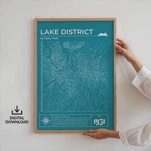 Póster digital del Parque Nacional del Distrito de los Lagos, mapa, impresión topográfica de contorno, arte natural para motivar el senderismo, regalo de cumpleaños y aniversario para papá.