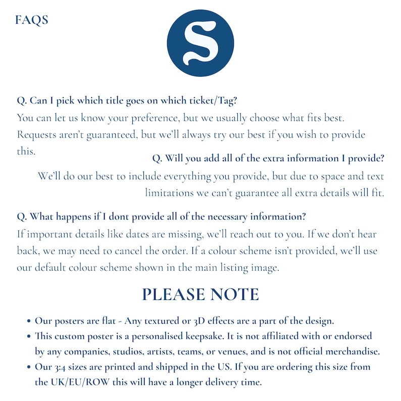 a frequently asked questions and notes page for customer explanation