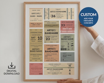 Digitale aangepaste concertkaartje stompposter, gepersonaliseerde herinneringskunst, verjaardag verjaardag cadeau-idee voor haar hem, muziekliefhebber, vintage print