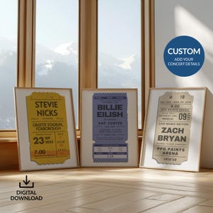 Digitales benutzerdefiniertes Konzertticket-Poster, 3er-Set personalisierte Retro Memory Art, Musik 80er Jahre Rock Gig Liebhaber, Geburtstag Jubiläumsgeschenk Stub Print