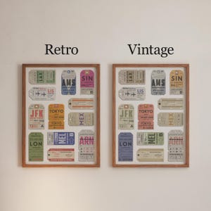 personalised airport code poster for travellers available in a vibrant retro or muted vintage colour scheme.