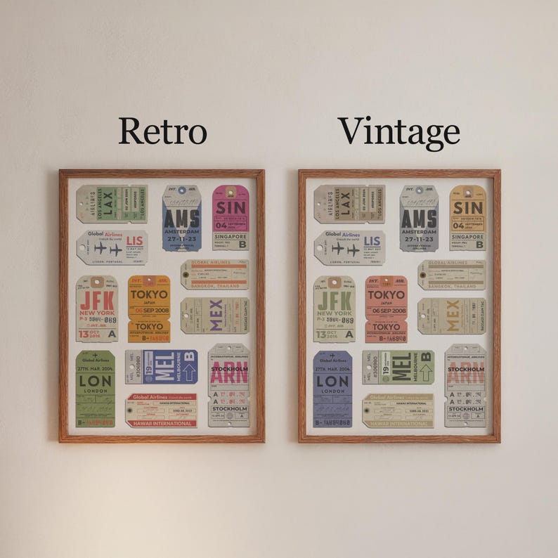 personalised airport code poster for travellers available in a vibrant retro or muted vintage colour scheme.