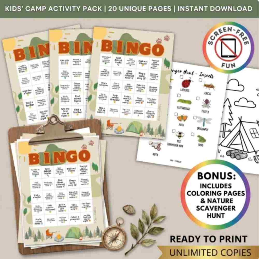 Camp Bingo and Nature Scavenger Hunt Bundle | Camping Games for Kids ...
