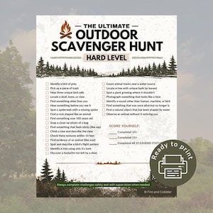 Natuurspeurtocht voor volwassenen, buitenuitdaging, printbaar kampeerspel (pdf), gezinsactiviteit op de camping, wandelroute