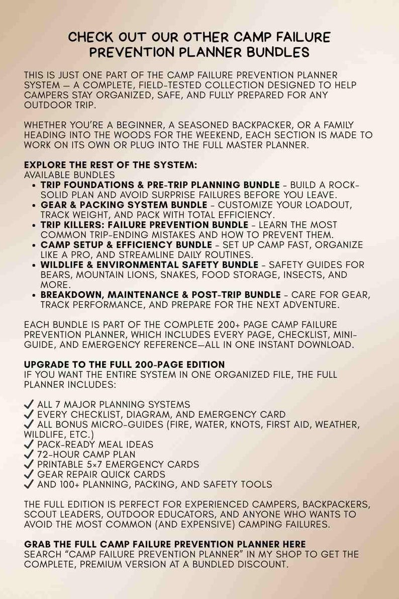 May include: An informational graphic in white and beige detailing a camp failure prevention planner. The text lists available bundles, such as trip foundations, gear and packing, and wildlife safety. It also details the full 200-page edition.