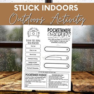 Könnte beinhalten: Ein weißes Papier mit dem Text "STUCK INDOORS Outdoors Activity" und Anweisungen für eine Taschenmesser- und Sicherheitsaktivität. Enthält eine Grafik für einen Erste-Hilfe-Kasten und ein Taschenmesser-Gelübde.