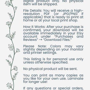 May include: A digital product description on a cream background. The text explains the item is a digital download, detailing file formats, printing instructions, and Etsy download process. A decorative green floral element is on the left side.