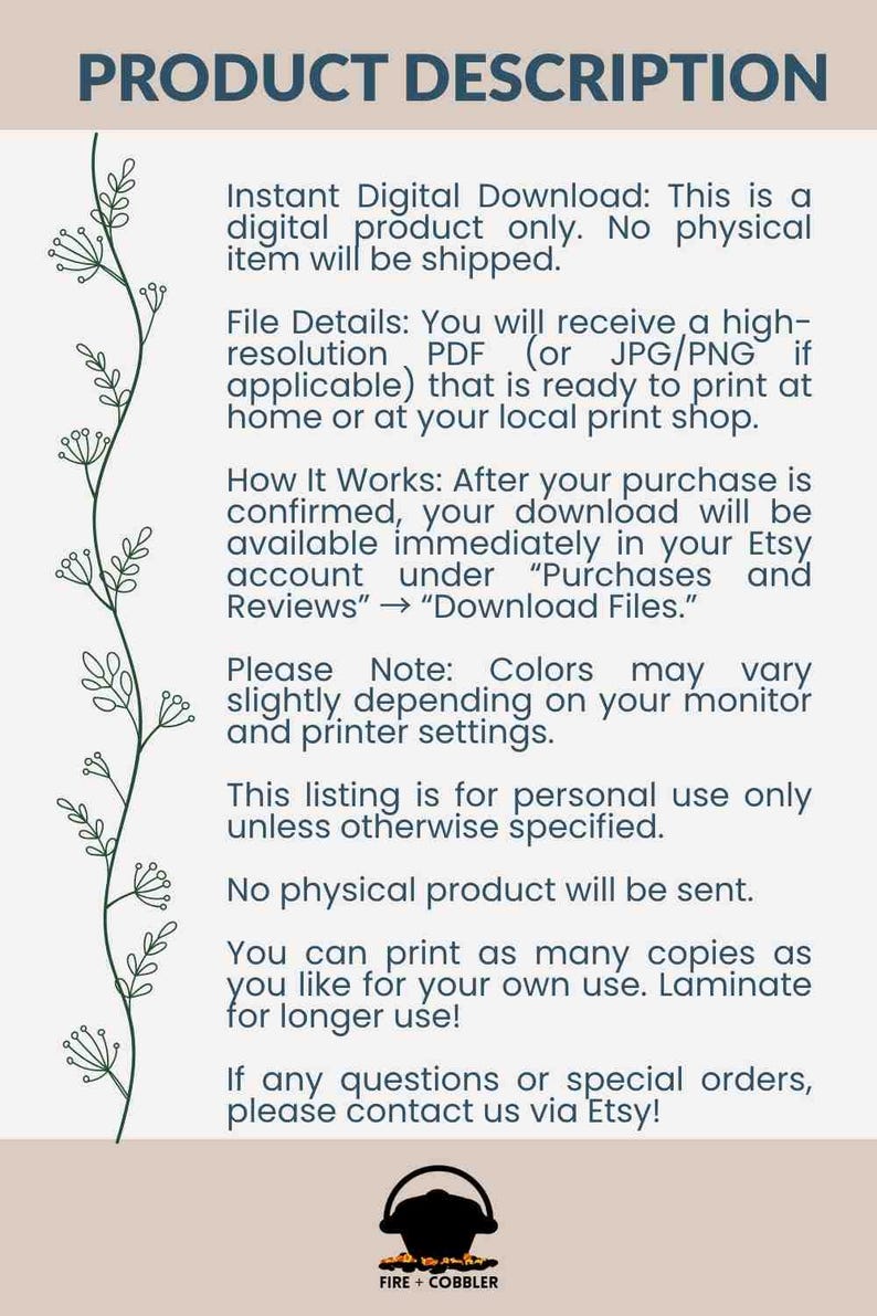 May include: A digital product description on a cream background. The text explains the item is a digital download, detailing file formats, printing instructions, and Etsy download process. A decorative green floral element is on the left side.
