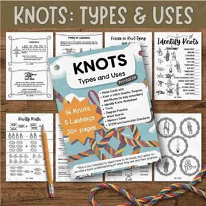 Op de afbeelding: Een printbare educatieve set getiteld KNOTS: Types and Uses, met werkbladen, naamkaartjes en diagrammen. De omslag toont de tekst KNOTS Types and Uses, 14 Knots, 5 Lashings, 30+ pages. Een geel potlood en een kleurrijk touw zijn inbegrepen.