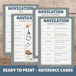 May include: A set of ready-to-print reference cards for navigation, featuring tips for using a compass and map. The cards have a gray border and include text and illustrations for easy reference. The text "READY TO PRINT - REFERENCE CARDS" is at the bottom.