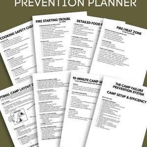 May include: A set of white paper checklists with black text, titled "Camp Failure Prevention Planner." The checklists cover topics like cooking safety, fire starting, and camp layout. The Etsy shop name "fireandcobbler.etsy.com" is at the bottom.