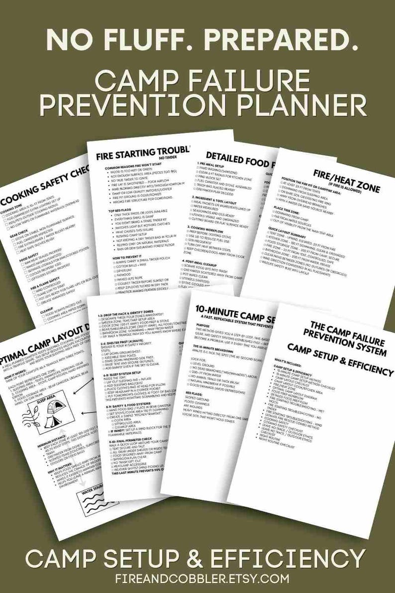 May include: A set of white paper checklists with black text, titled "Camp Failure Prevention Planner." The checklists cover topics like cooking safety, fire starting, and camp layout. The Etsy shop name "fireandcobbler.etsy.com" is at the bottom.