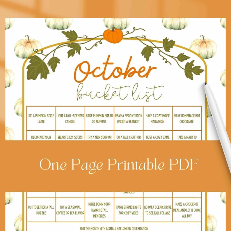 October Bucket List Printable | Fall Activities Checklist | One Page ...
