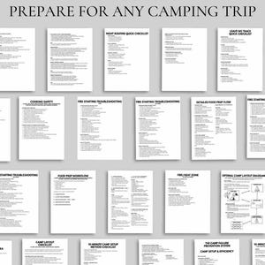 May include: A printable camping bundle with checklists and diagrams. The black text on white paper includes titles like "Camp Setup & Efficiency Bundle" and "Prepare for Any Camping Trip." The Etsy shop URL is at the bottom.