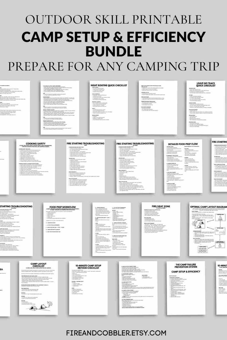 May include: A printable camping bundle with checklists and diagrams. The black text on white paper includes titles like "Camp Setup & Efficiency Bundle" and "Prepare for Any Camping Trip." The Etsy shop URL is at the bottom.