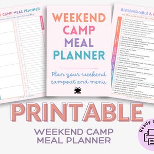 Blanko druckbare Wochenend Camping Mahlzeitenplaner Mahlzeiten im Freien Menü Organizer Einkaufsliste Camping Essentials Kurzanleitung Planen Sie die Lagermahlzeiten