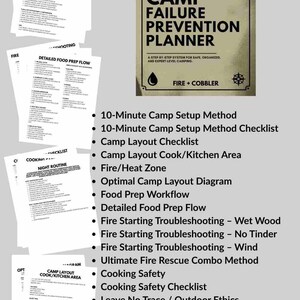 May include: A Camp Failure Prevention Planner with a list of camping and outdoor ethics topics. The planner includes a 10-minute camp setup method, cooking safety, and leave no trace guidelines. The cover is tan with black text and graphics.