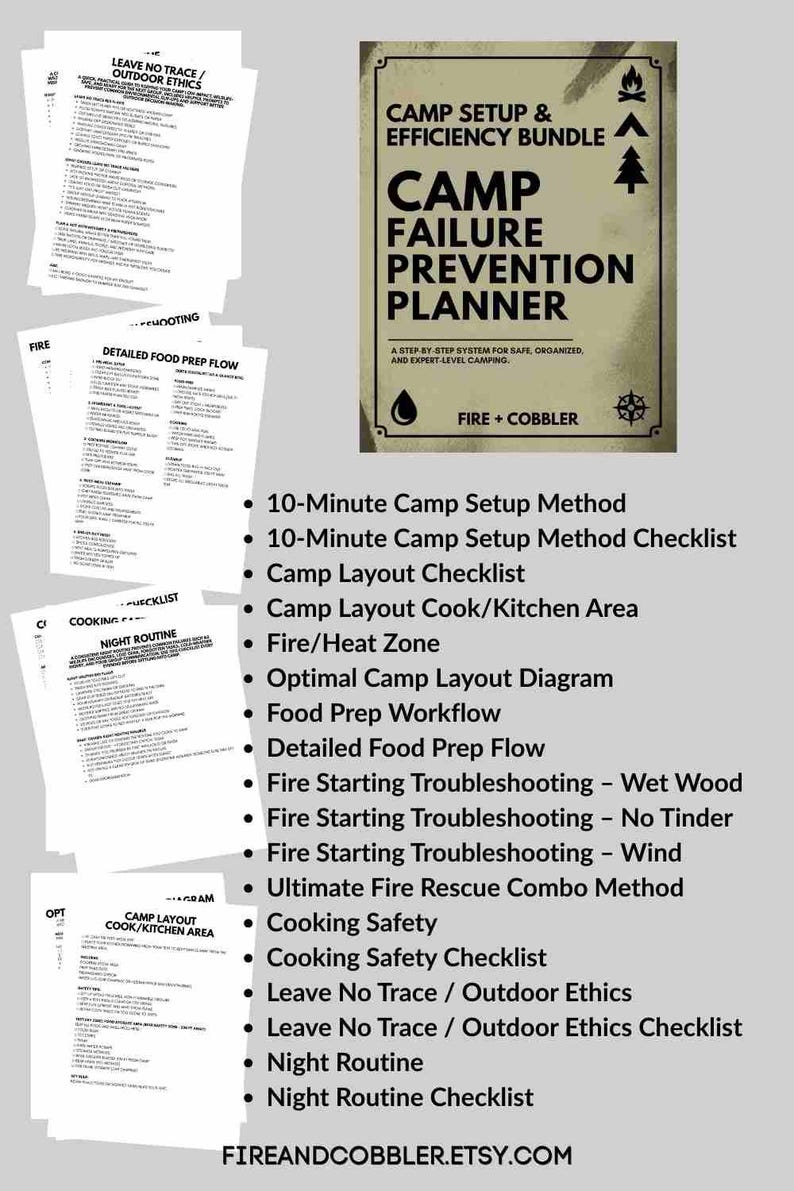 May include: A Camp Failure Prevention Planner with a list of camping and outdoor ethics topics. The planner includes a 10-minute camp setup method, cooking safety, and leave no trace guidelines. The cover is tan with black text and graphics.